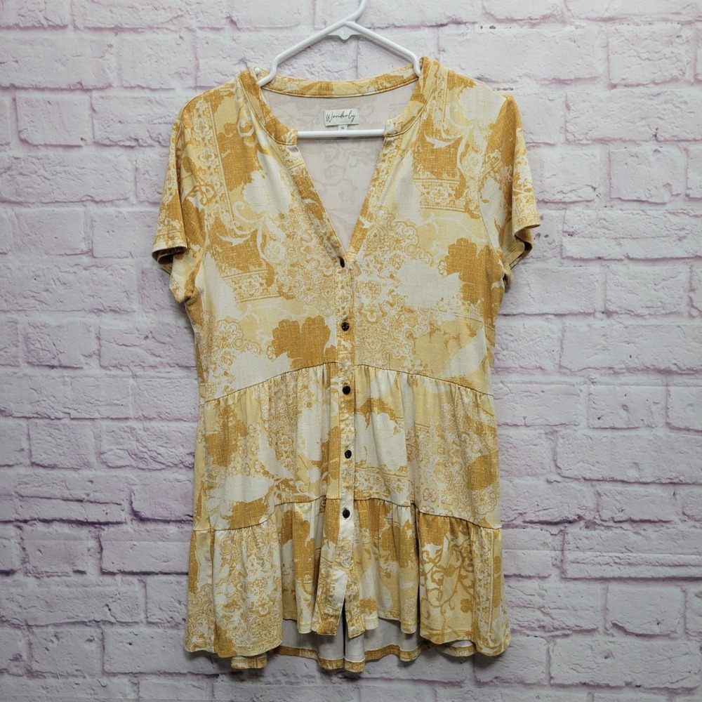 Wonderly Yellow Floral Peplum Tunic Blouse M Flowy Retro Boho Cottagecore Fairy
